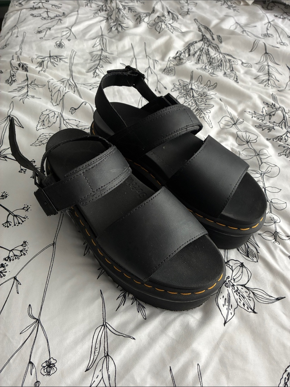 Black Platform Doc Marten Sandals with Yellow Stitching